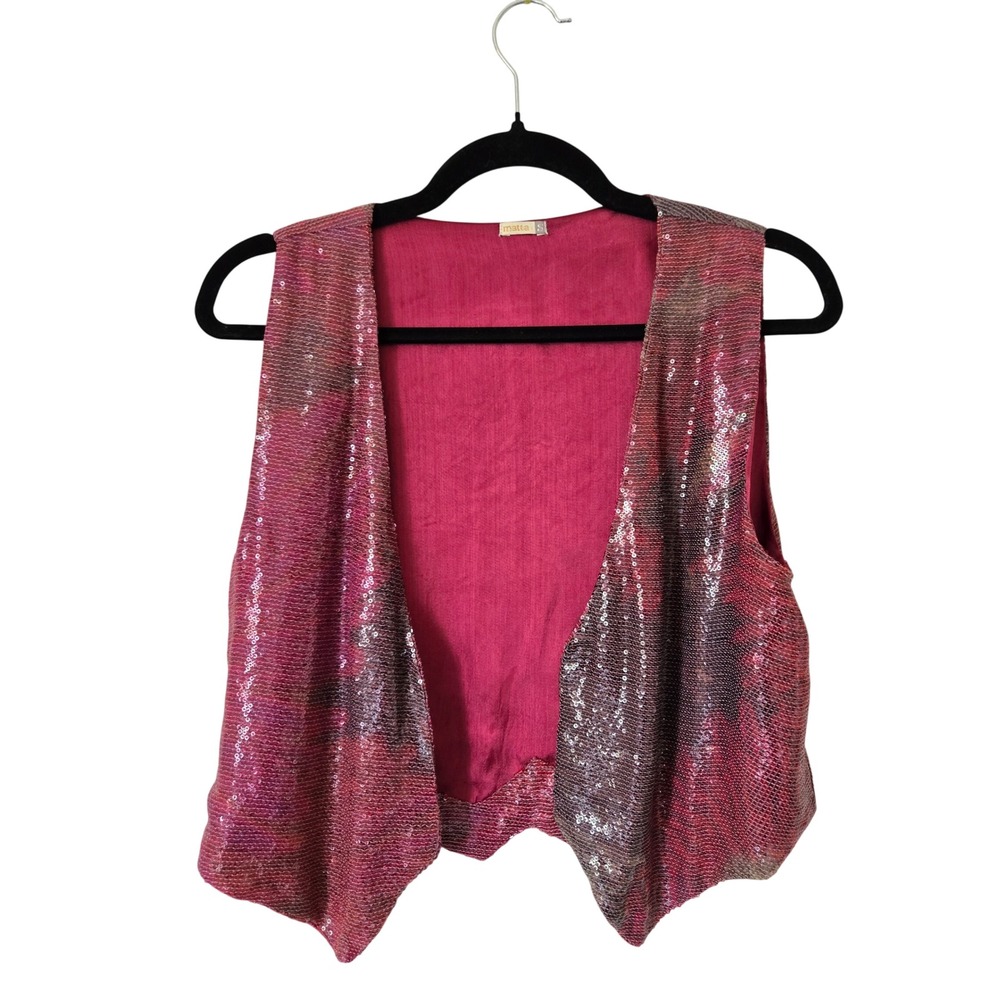 Matta‎ NY Womens Magenta Sequin Cropped Vest Open Front Viscose Size Small
